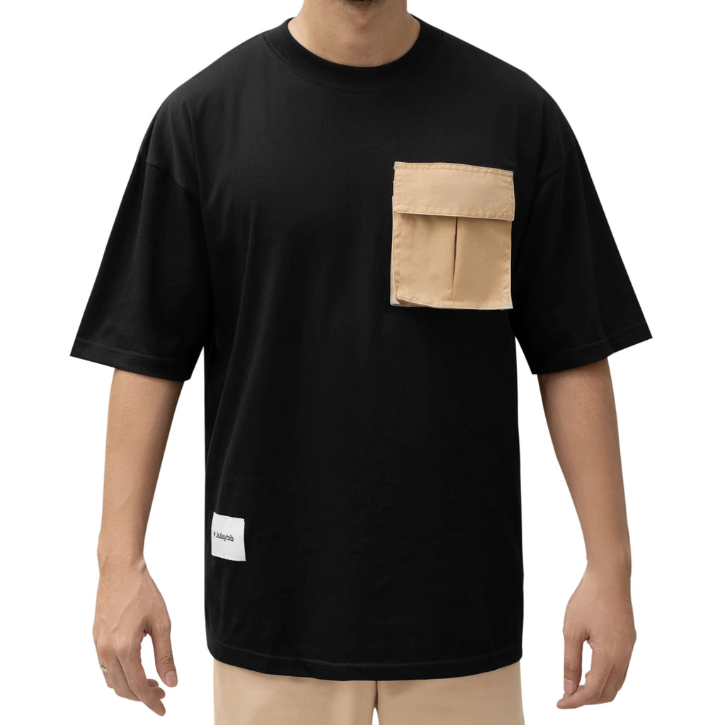 Men's Black Oversized T-Shirt | Premium Biowash 24s Cotton | Nylon Pocket | | Julaybib